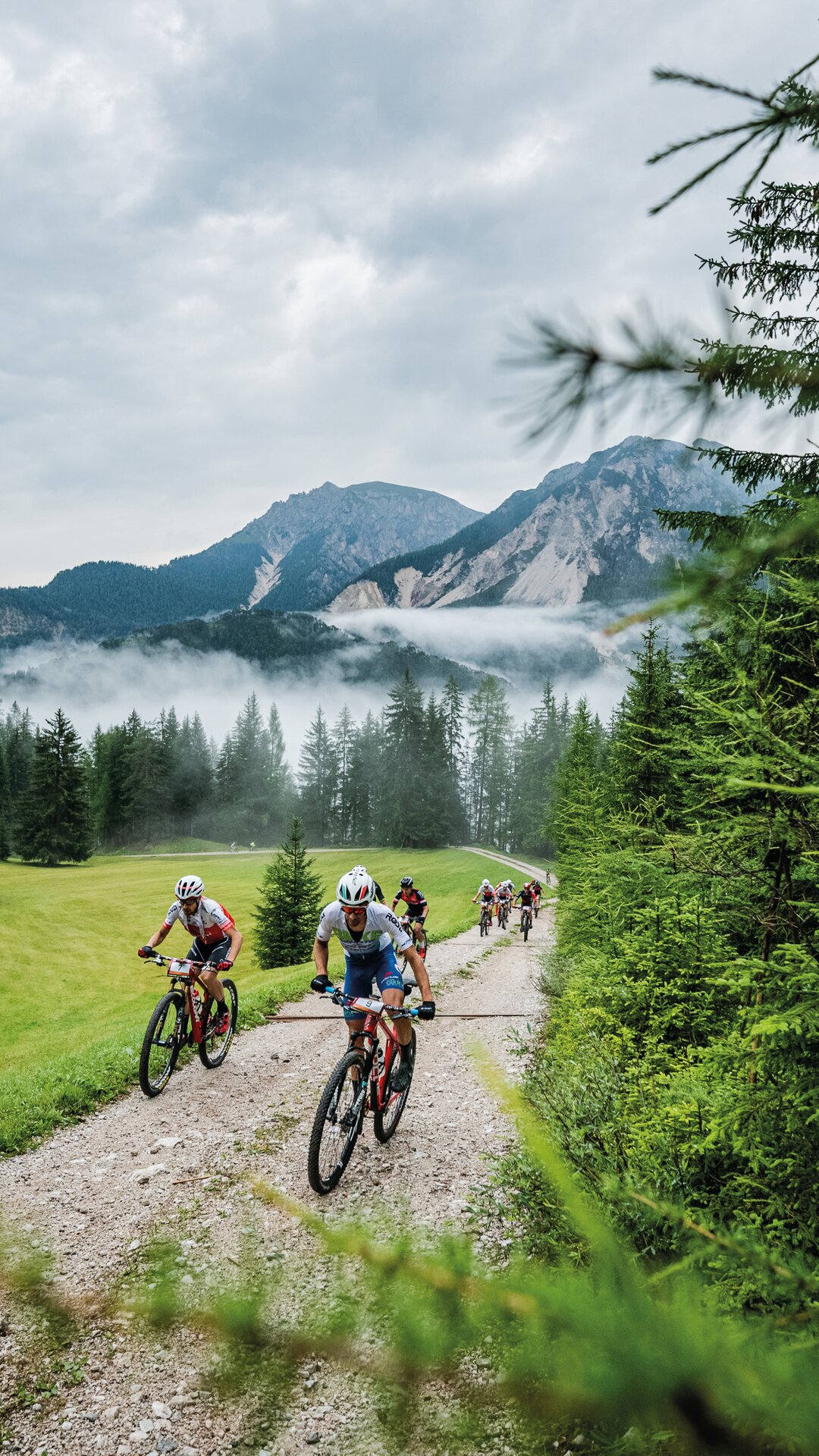 Einige Teilnehmer des Kronplatz King Radrennens fahren einen Feldweg zwischen Wiesen und Wäldern den Berg hinauf, im Hintergrund die wolkenverhangenen Berge. | © Harald Wisthaler